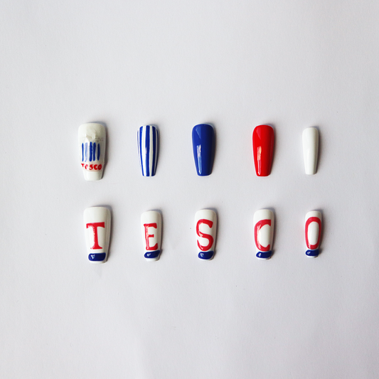 Nail art designs spelling out 'TESCO' on a white background